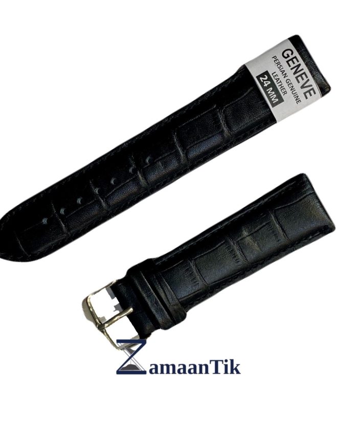 بند چرم ژنو سایز 24 مشکی دور دوخت طرح دار